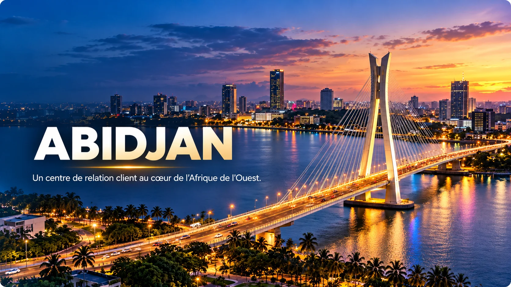 Pont Alassane Ouattara et skyline d’Abidjan au crépuscule