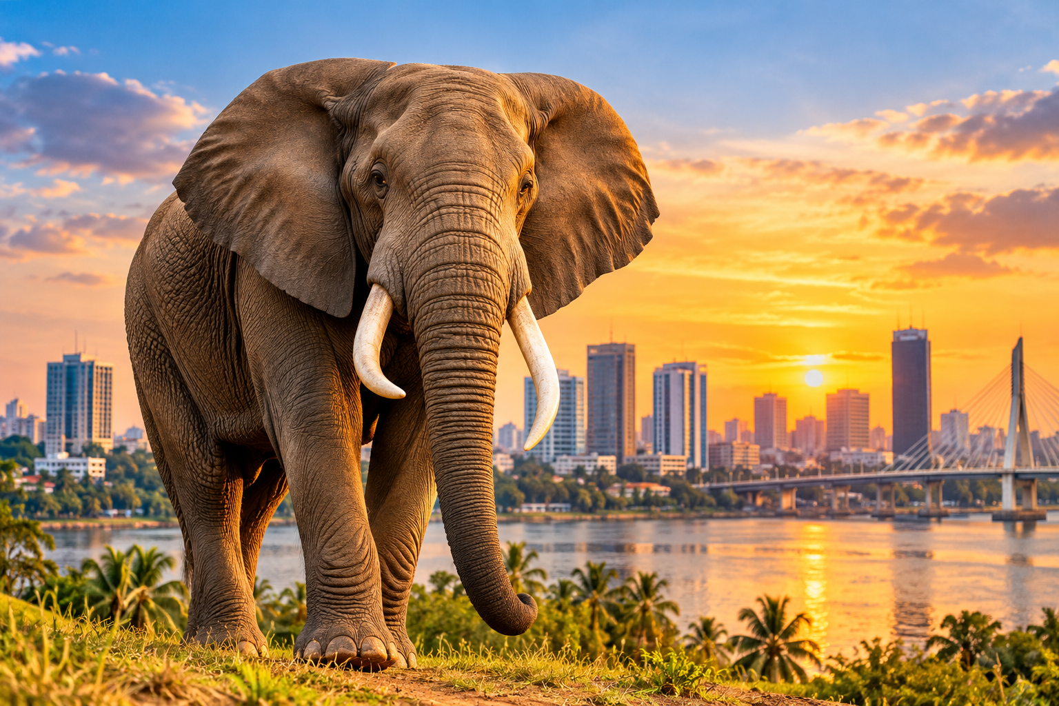 Éléphant africain devant un paysage urbain au coucher du soleil à Abidjan